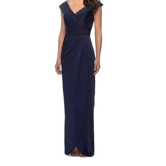 La Femme 25206 Wrap V-Neck Side Slit Maxi Dress Sleeveless Navy Blue Size 4 - Picture 1 of 9